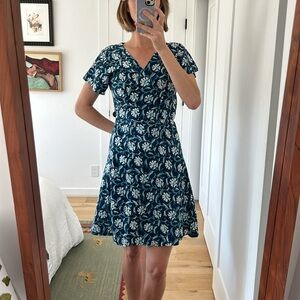 Blue Cotton Floral Block Print Wrap Mini Dress